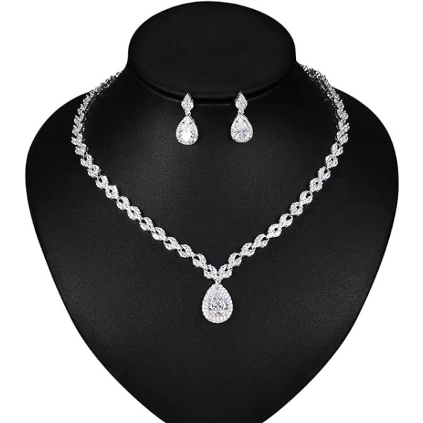 IC Vitguld/guldpläterat Cubic Zirconia CZ Marquise Teardrop Bröllops Tennis Halsband och Örhänge Set för Brudar