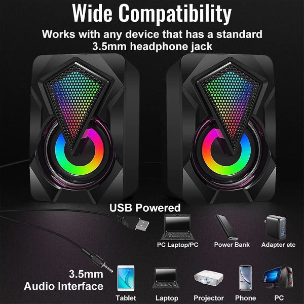 Mini PC-högtalare, RGB-dator, USB 2.0 Gaming Stereo System Volymkontroll Med LED-ljus 3,5 mm
