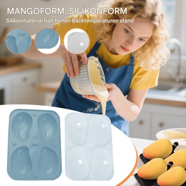 3D Mango Silikoneform Fleksibel Dessert Bageform til Mousse Gelé Slik, 4 Hulrum, 19 x 14 x 5 cm