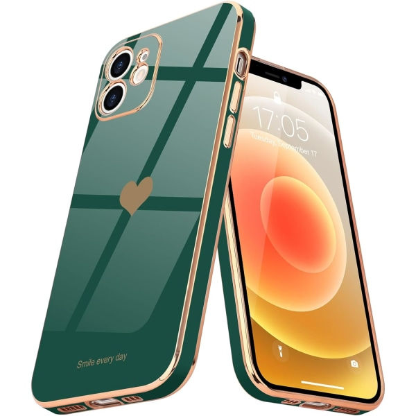 IC Kompatibelt iPhone 12-fodral för kvinnor Flickor Söt Love-Heart Lyxig Bling Mjukt skal Upphöjt Fullt Kameraskydd iPhone 12, mörkgrön