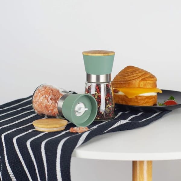 Pepper And Salt Grinder Set With Ceramic Core, 2-Piece Bamboo Detail, For Kitchen And Dining Table, Green