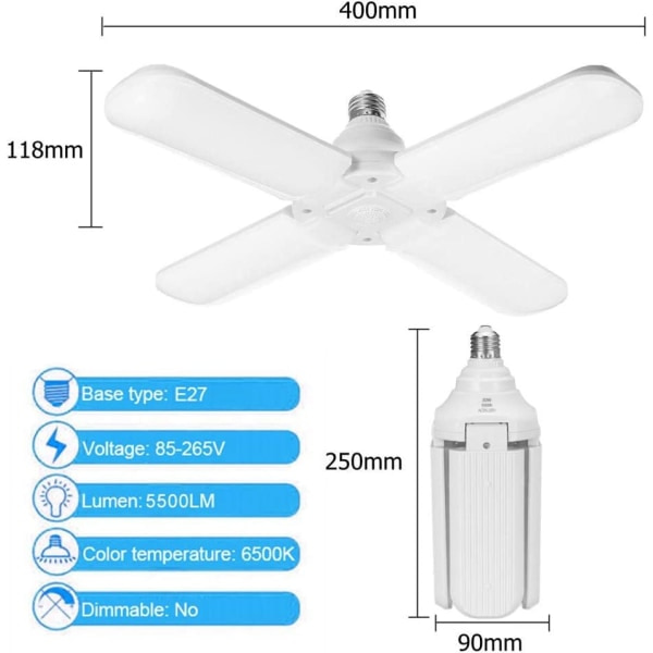 IC E27 LED-garasjelampe med 4 justerbare paneler