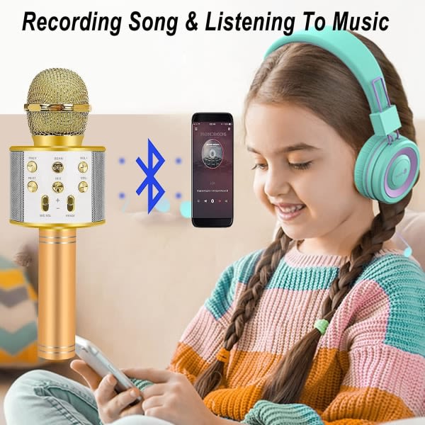 IC Födelsedagspresenter till 6-15 år gammal flicka Pojke, Bluetooth trådlös karaokemikrofon - Guld