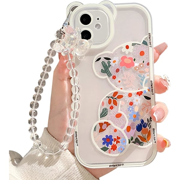 IC Kompatibelt iPhone 12 Cover Klar Sød Blomst Blomst med Sødt Armbåndskæde til Piger Kvinder Mønster med Bjørnører Blød TPU Girly-Bear