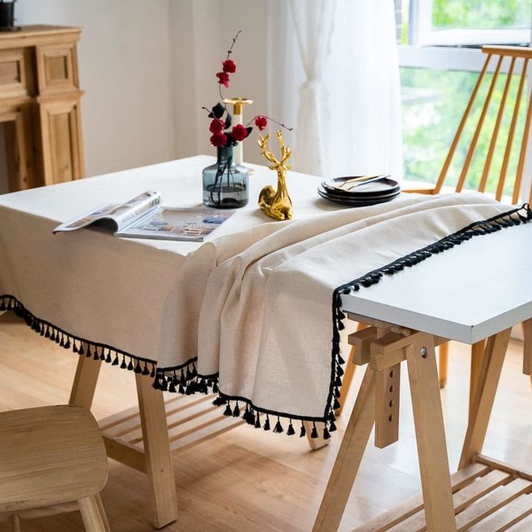 IC Rustik linneduk med tofsar Dammtäta dukar för kök, fest, semester, jul, buffé (beige, 55\"x55\")