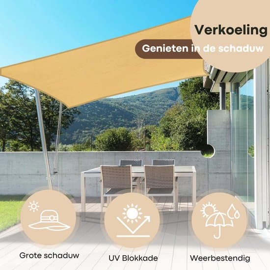 FOXLY Solseil 2x3m Rektangulær Krem, 95% UV-blokkerende HDPE-duk med tau og karabinkroker for terrasse, hage og balkong