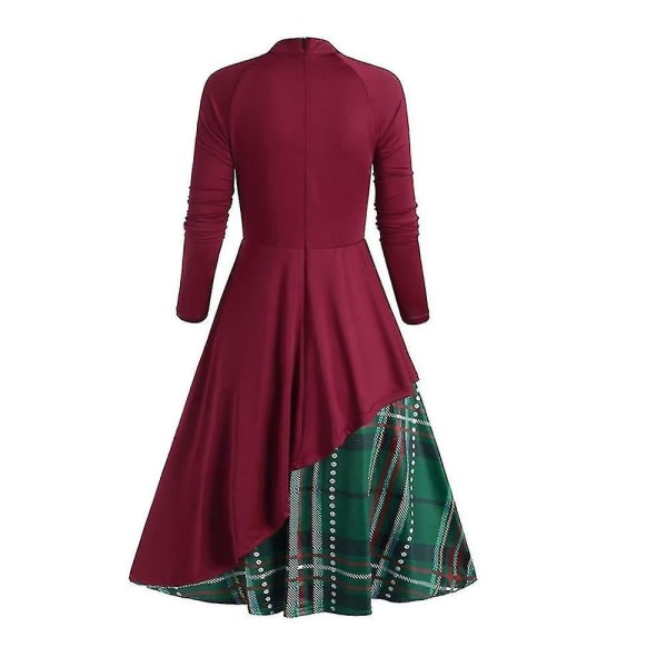 Kvinnor jul rutig rutig klänning Bowknot Xmas A-line svängklänningar Wine Red XL