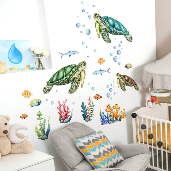 Havssköldpadda, vattenväxter, bubblor och fiskar, sovrumsbakgrund IC