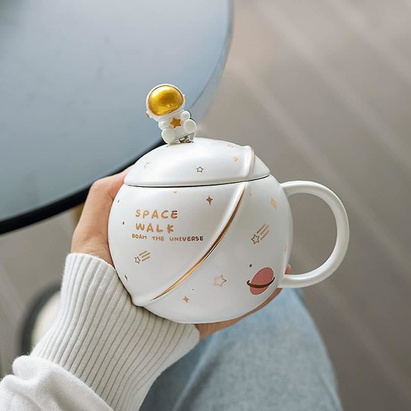 Söt astronautmugg med lock och sked, Kawaii Cup-nyhetsmugg för kaffe, te och mjölk null none