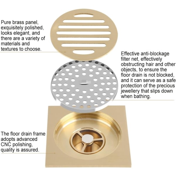 IC 4x4 tom messing firkantet anti-lugt gulvbrønd, hårfanger