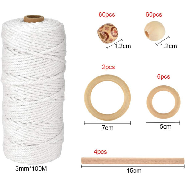 IC Makrame Bomull, 3 Mm X 100 M Bomullsgarn, 4 Träpinnar 8 Trä