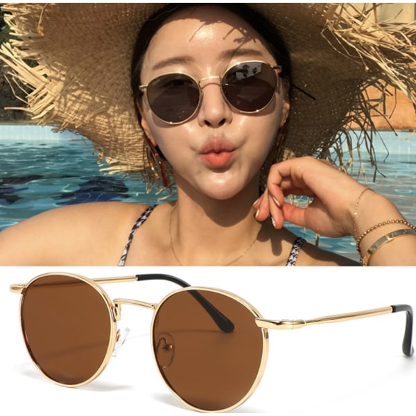 IC Damsolglasögon Mode Runda Solglasögon UV-metallsolglasögon (Golden Frame Deep Tea Pieces (høj kvalitet)),