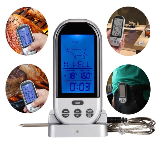 IC Bärbar trådlös grilltermometer Multifunktionell digital matlagningstermometer för köksugn Picknickgrill Svart