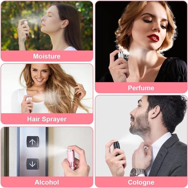 Påfyllningsbara parfymförstörare, set om 3, 10 ml aluminium- och glasresesprayflaskor, läckagesäkra för resor, svart, silver, rosa