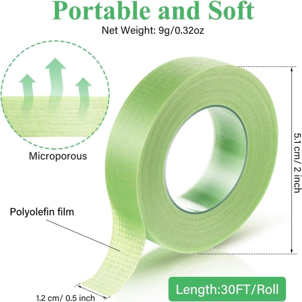 IC Ögonfransförlängningstejp (grøn, 1,2 cm x 9 meter), 5 rullar ögonfranstejp Medical Micropore silkepapir for øjefransförlängningstillförsel