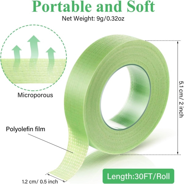 IC Ögonfransförlängningstejp (Grön, 1,2 cm x 9 meter), 5 rullar Ögonfranstejp Medical Micropore Silkespapperstejp för Ögonfransförlängningstillförsel