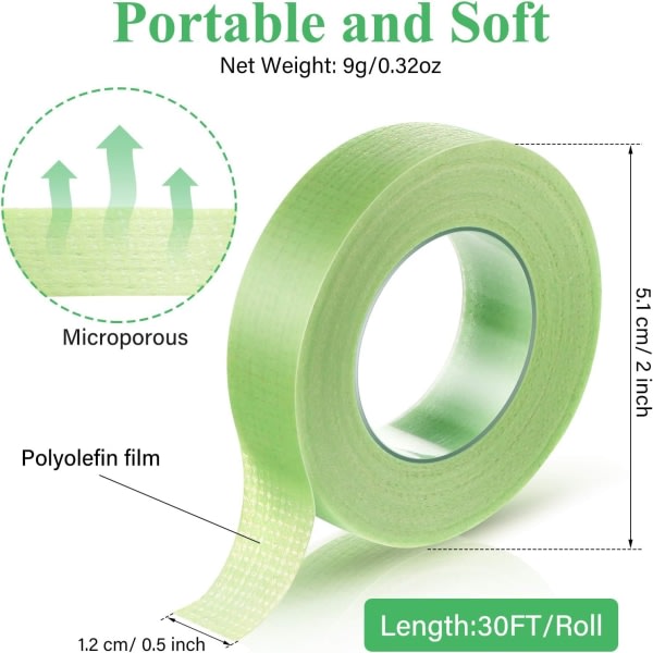 IC Øyenvippetape (grønn, 1,2 cm x 9 meter), 5 ruller øyenvippetape Medical Micropore silkepapirtape for øyenvippeforlengelse