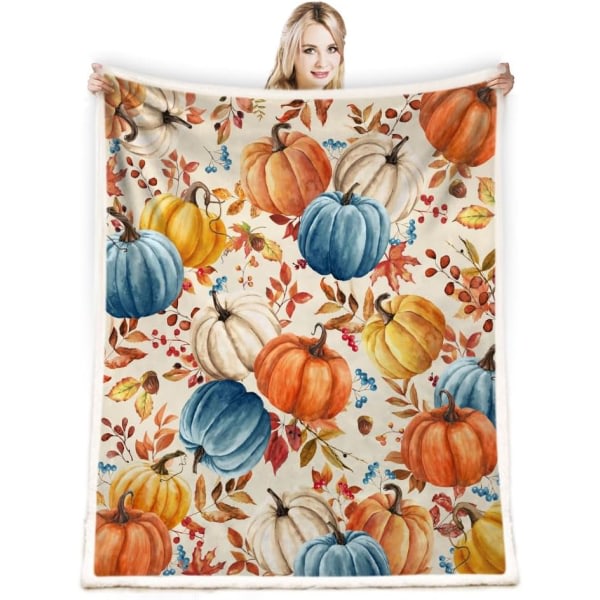 IC Höstpumpafilt, Höst Orange Vit Blå Pumpor Blad och Bär Mjuk varm fleecefilt för vardagsrum, 50\"x60\"
