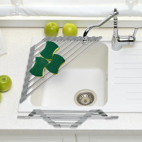 3-pack Triangular Roll-Up Dish Drying Racks, Foldable Corner Sink Storage Rack 304 Stainless Steel Over Sink Organizer