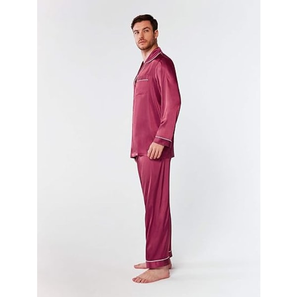 Miesten satiini-pyjamasetti, lyhythihainen PJ-setti nappeilla ja taskuilla, viininpunainen l