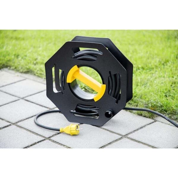 Kabeltromle til campingvogn, manuel, tom, til camping og husholdning, op til 25 m kabel, plastik, sort og gul