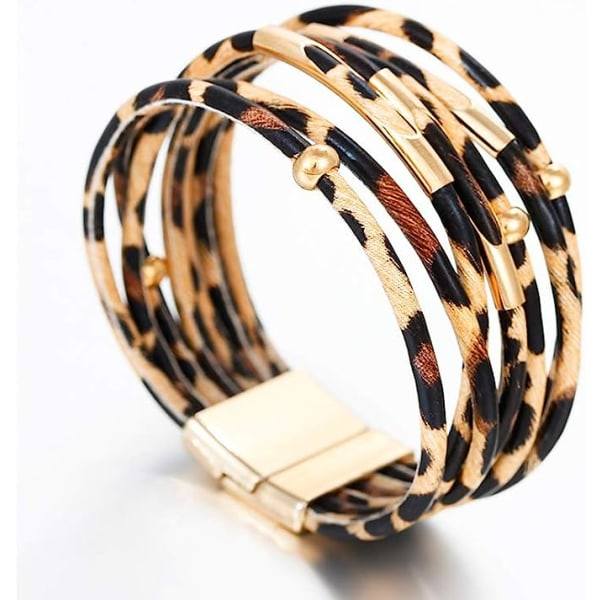 IC Fesciory Lær armbånd for kvinner, Boho Leopard Multi-Layer Krystallperler Mansjettarmbånd Smykker