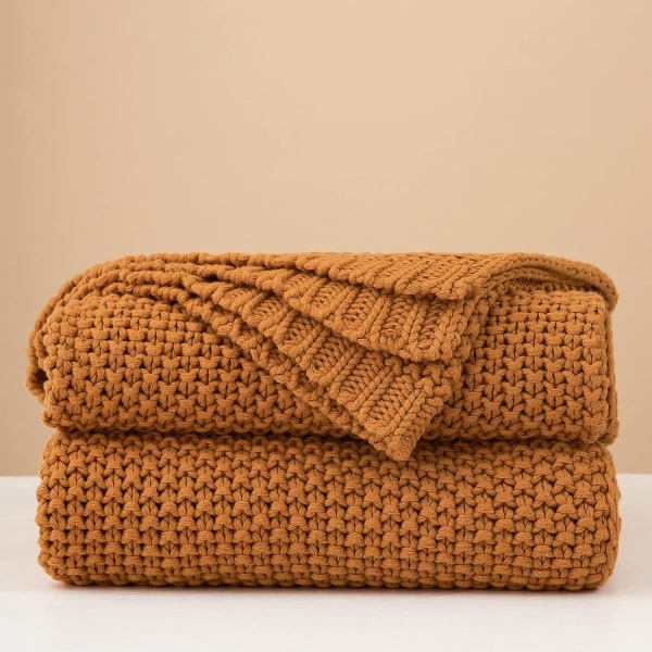 IC Stickad filt Lätt bränd orange filt 100 % ekologisk bomull för bäddsoffa Baby, Rustik Nostalgi Chic, 129,54 cm x 160,02 cm