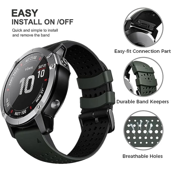 Quickfit 26 mm silikone blødt sportsvandtæt åndbart armbånd til Garmin Fenix 5X Plus, Fenix 6X Pro/safir, Enduro, Tactix Bravo grønlig sort