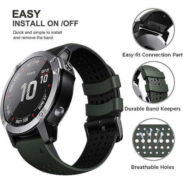 Quickfit 26 mm silikoni pehmeä urheiluranneke vedenpitävä hengittävä ranneke Garmin Fenix 5X Plus, Fenix 6X Pro/Sapphire, Enduro, Tactix Bravo vihertävän musta