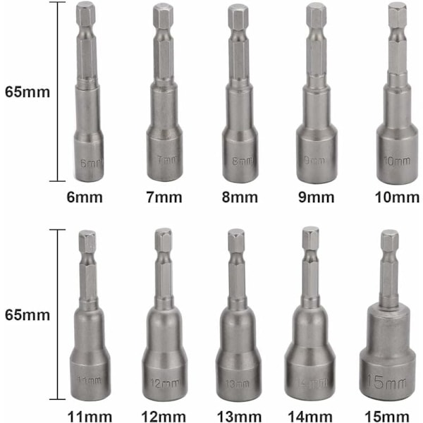 10 stk. Slagtrekkerpipebits 6-15mm Sett Magnetisk Hex Pipe Sett Magnetisk Bor Bit Hex Pipe Sett 1/4 Tomme for Hurtigskift Chuck