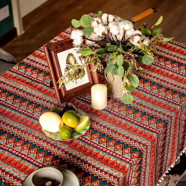 IC Pompom-tofs duk for Bohemian rektangulært borddeksel, Skrynkelfri linne Bohemian Style Design bordduk (rød, 60\"x84\")
