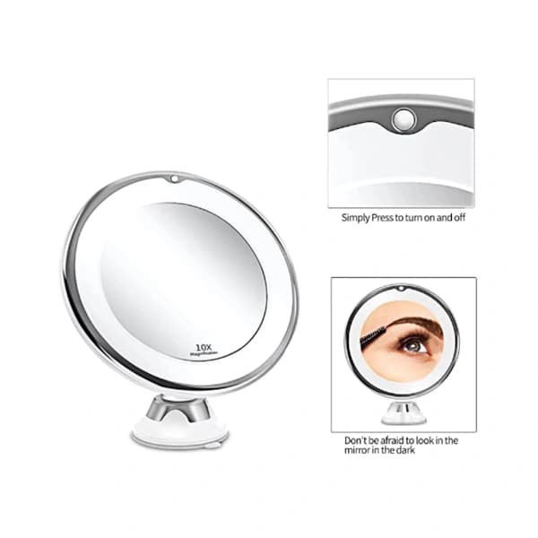 10X LED Makeup Mirror with Magnification, Lockable Suction Cup, 360 Degree Rotation, Adjustable for Home, Travel, Bathroom, Battery Powered