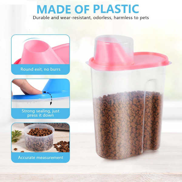 Lufttæt opbevaringsbeholdersæt til kæledyrsfoder med målebægerlåg, 2-pak 2,5L ABS tørfoderbeholder til hunde og katte, pink 25x15x8 cm