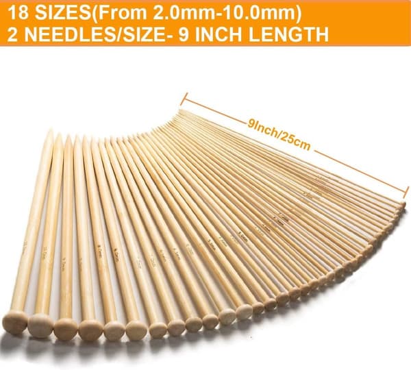 36 Pieces - 18 Different Sizes - 25 cm - 2 to 10 mm Thickness - Knitting Needles - Bamboo - Ergonomic Needle - A Must-Have