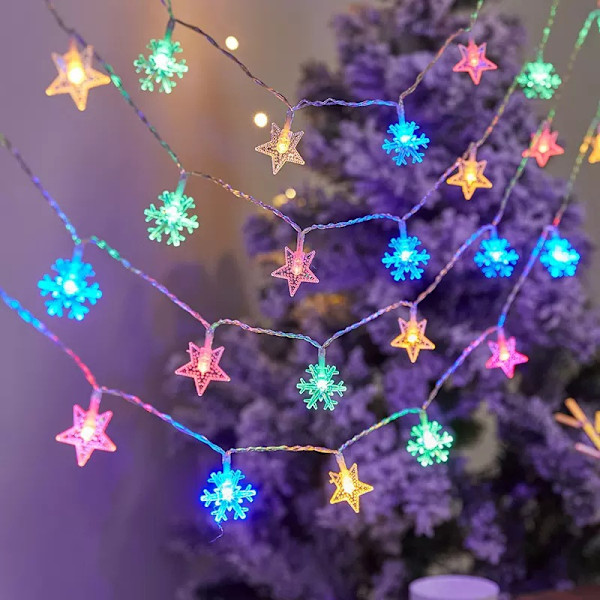 Kuglelysstreng til rummet, atmosfærisk boblelysstreng til udendørs brug, batterikasse, dekoration, stjernelys Snowflakes and stars warm white 1.5m 10 lights USB