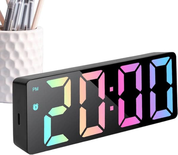 Digital väckarklocka med LED-spegeldisplay, datum och temperatur, tyst drift för sovrum eller skrivbord, svart, 6,3 tum