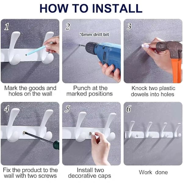 Wall Mounted Hook - Heavy Duty Wall Mounted Coat Rack in Solid Aluminum - Screws Attached Wall Hooks for Hat Towel Robes White White White
