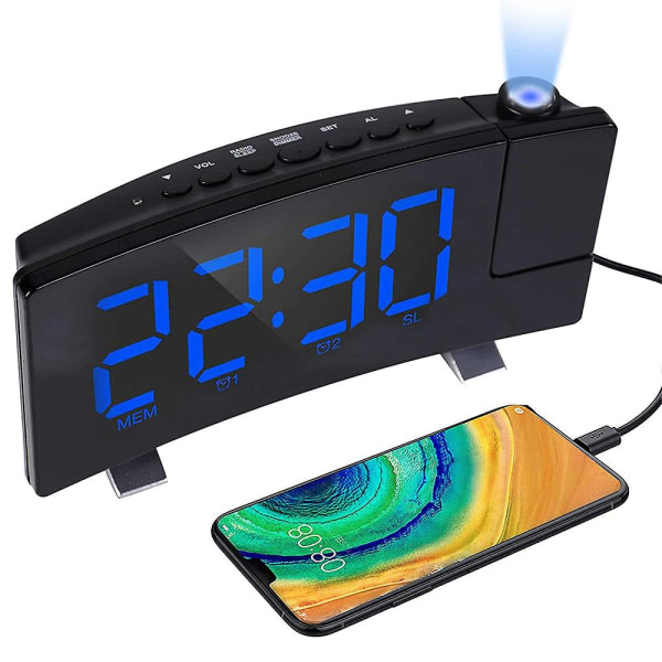 Digital väckarklocka, projektionsväckarklocka för sovrum med 4 dimmer, USB-telefonladdare, 180° roterbar projektor