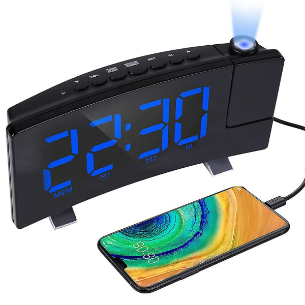 Digital väckarklocka, projektionsväckarklockor för sovrum med 4 dimmer, USB telefonladdare, 180 roterbar projektor
