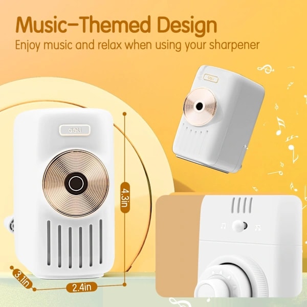Manual pencil sharpener, music-themed pencil sharpener, adjustable tip and automatic function for pencils and crayons, Aut vit white white