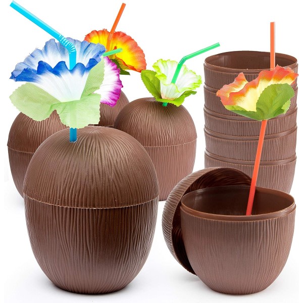 IC 6 st 401-500 ml dummy kokosnötsmuggar med sugrör for hawaiiansk Luau Tiki eller strandtemafest med sugrör - roliga partydrinksdekorationer, gängad