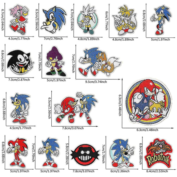 Sonic-tema broderade lappar - Sy på/stryk på lappar - Dekorativa applikationer för kläder, hattar, gör-det-själv-tillbehör - 16 st