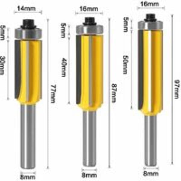 IC 8 mm skaft træfræserbit med 4 blade, 3 stk efterbehandlingsmønster fræserbitssæt skaft sæt trim bit - Versailles