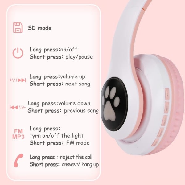 IC Bluetooth-kuulokkeet lapsille, LED-valaistut kissan korvat