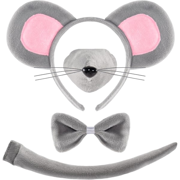 Halloween 4 Piece Gray Mouse Costume Accessory Set for Adults and Kids, Rattan Mouse Ear Bands, Halloween Animal Costume Accessory Set