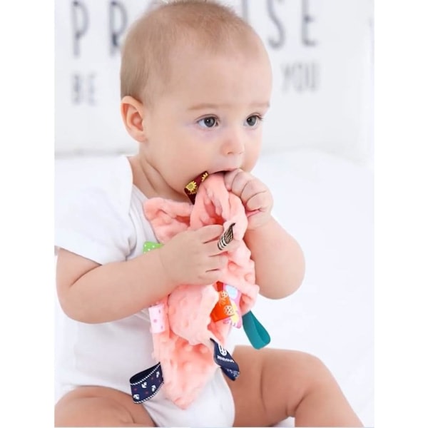 IC Baby Säkerhetsfiltar - Lugnande plyschfilt for baby med fargeglada etiketter, 10"X10" fyrkantiga sensoriske leksaker-Orange