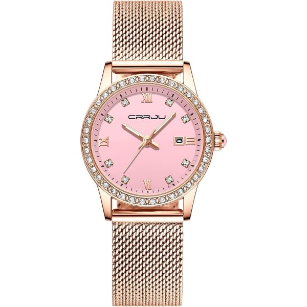 IC Kvinnor Armbandsur Vattentät Kristall Dam Minimalistisk Rose Gold Mesh Rostfritt stål Armbandsur Slim Analog Quartz Lyx Strass med Datum