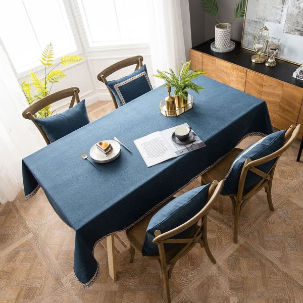 IC Linne strukturerad solid bordsduk med blommönster kant Farmhouse Dammtät bordsduk för kök matbordsdekoration (marinblå, 55x63 tum)