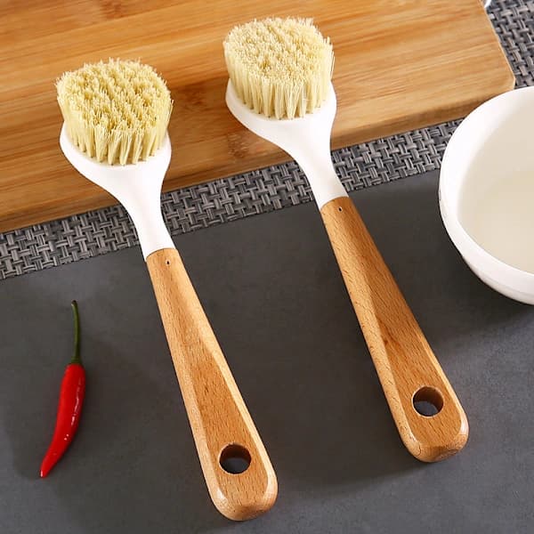 Large Integrated Dish Brush with Bamboo Handle, Scrub Brush for Cleaning Dishes, Pots, Sinks