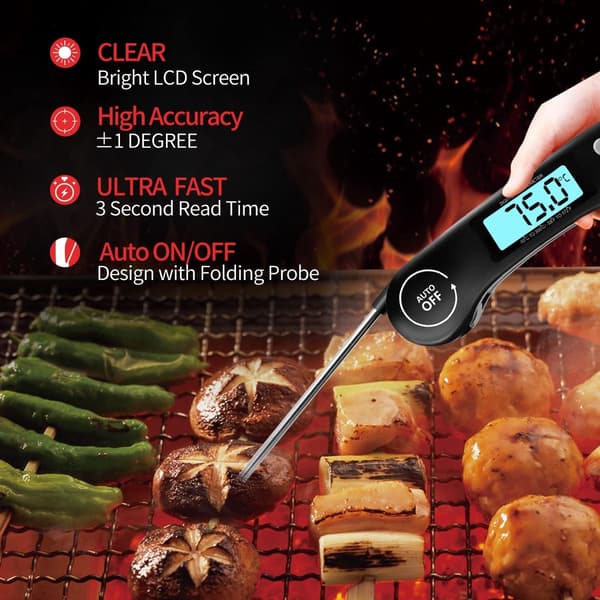 Digital kötttermometer, 3-sekunders avläsning, bakgrundsbelyst LCD, vikbar sond i rostfritt stål, automatisk på/av, BBQ-matlagning, svart